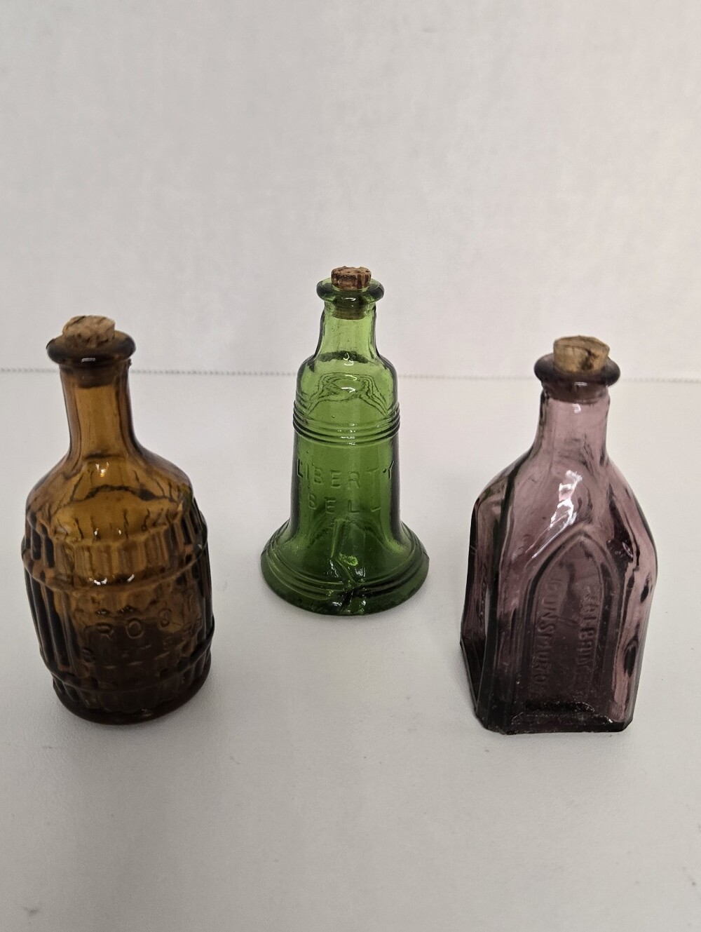 Vintage Wheaton Miniature Glass Bottles With Corks Set Of 3 Amber, Green, Purple